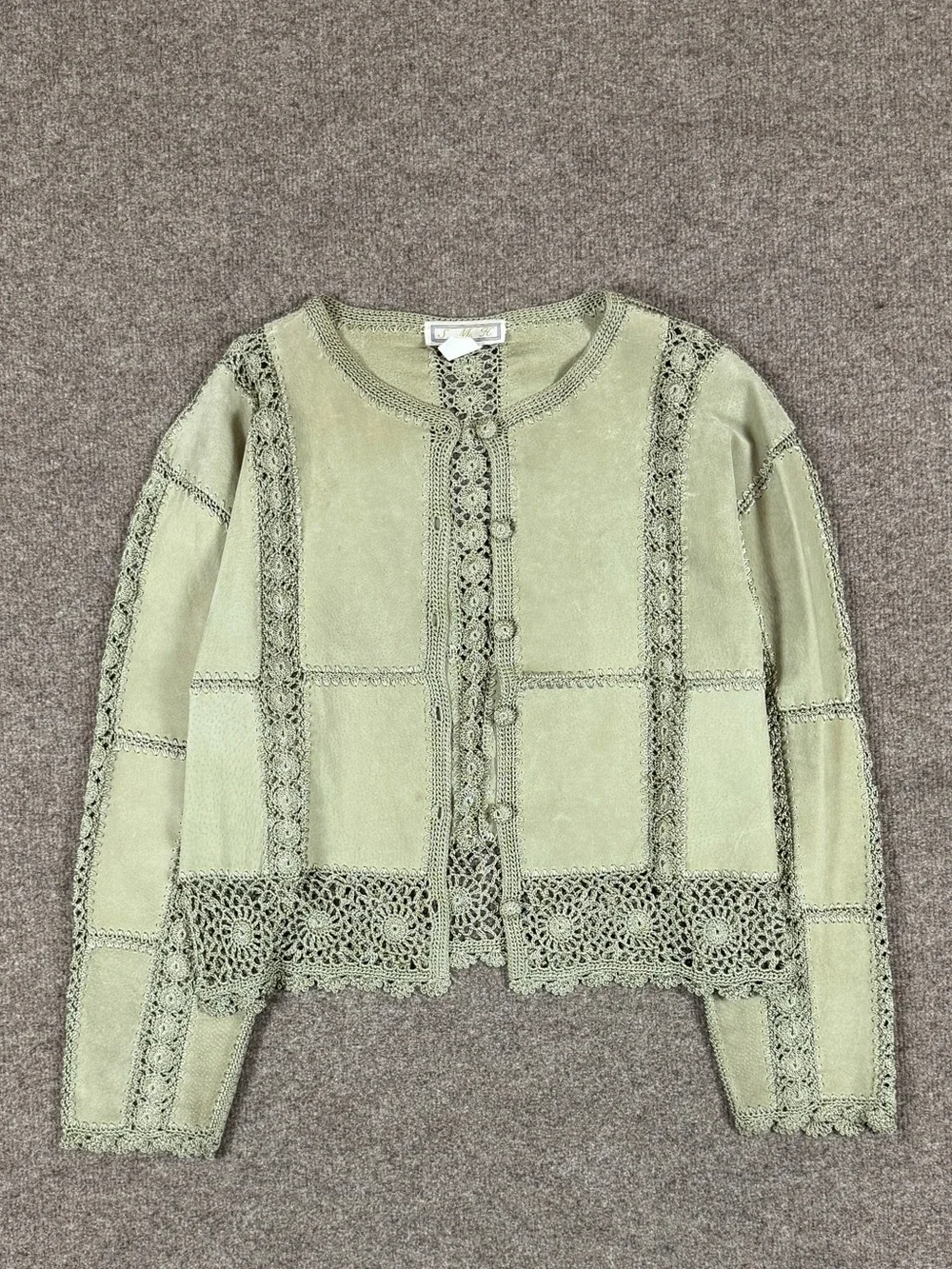Vintage Sage Green Suede Leather Patchwork Crochet Cardigan Jacket Women’s Large